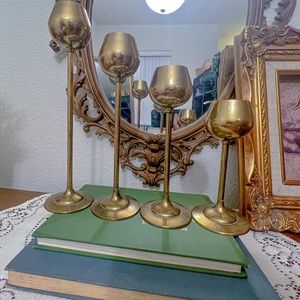 Solid Brass Set of 3 Brass Tulip Candle Stick Holders Vintage MCM